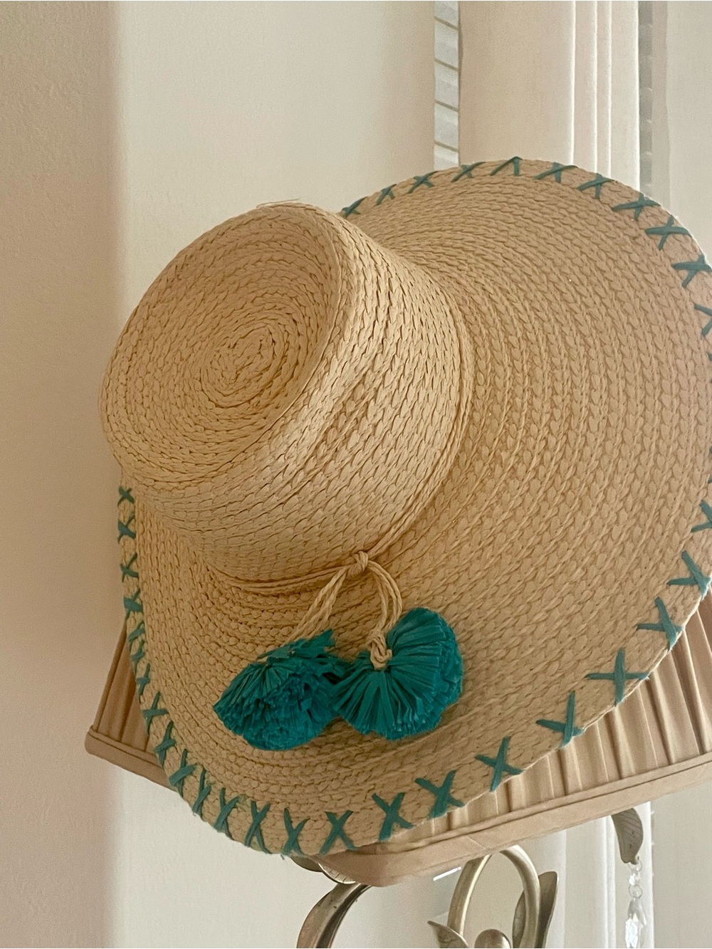 Straw Sun Hat with Teal Pom-Pom Trim